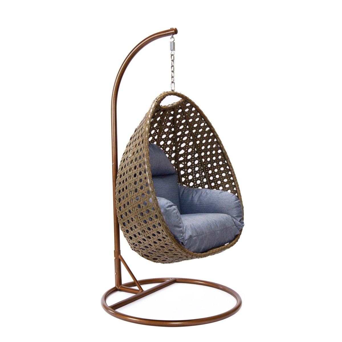 Modern Wicker Hanging Single Seating Egg Swing Chair in Beige/Charcoal/White Frame With Cushions Beige Charcoal Blue swing chair Leisuremod