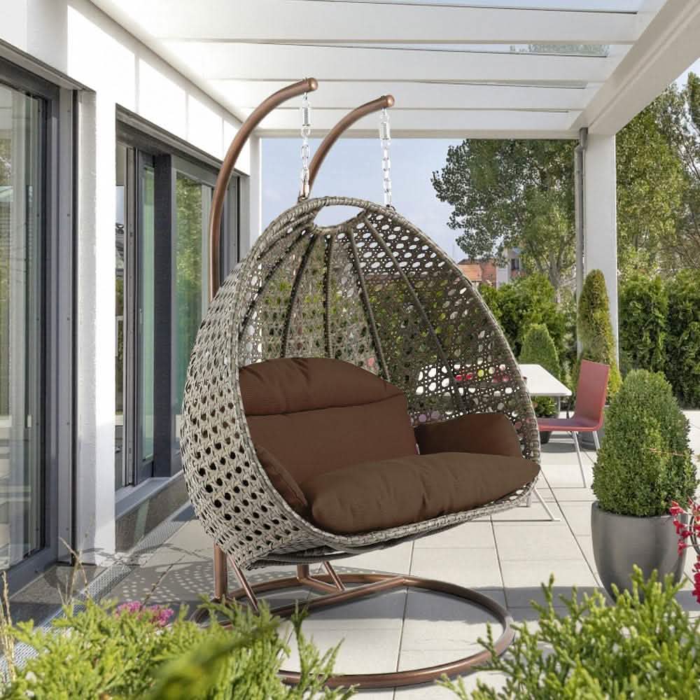 Modern Wicker Hanging Double Seater Egg Swing Chair Beige Brown swing chair Leisuremod
