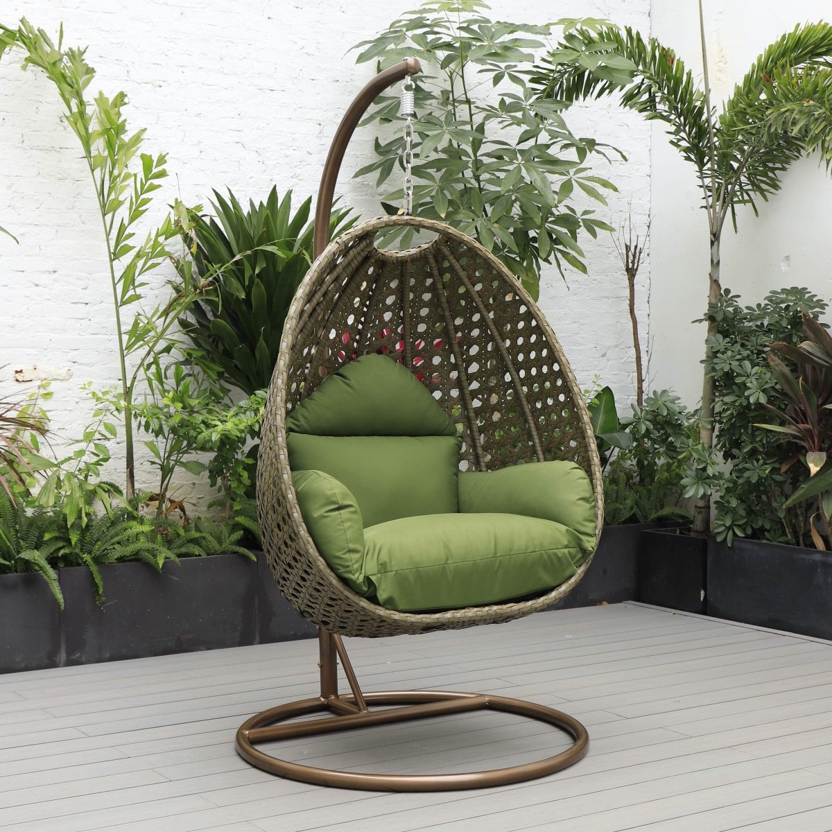 Modern Wicker Hanging Single Seating Egg Swing Chair in Beige/Charcoal/White Frame With Cushions Beige Dark Green swing chair Leisuremod