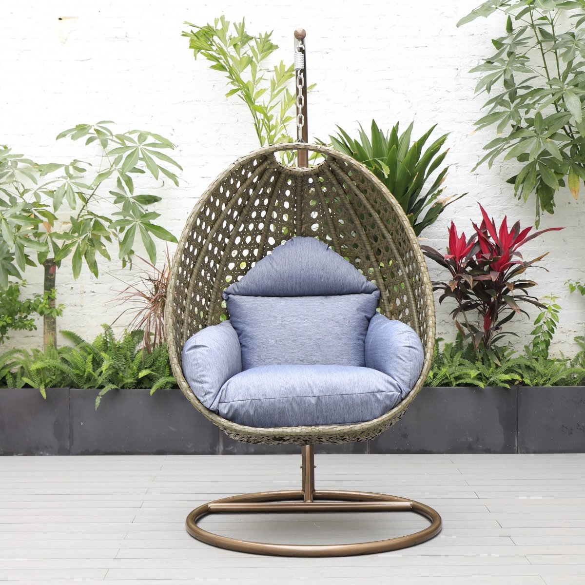 Modern Wicker Hanging Single Seating Egg Swing Chair in Beige/Charcoal/White Frame With Cushions Beige Charcoal Blue swing chair Leisuremod