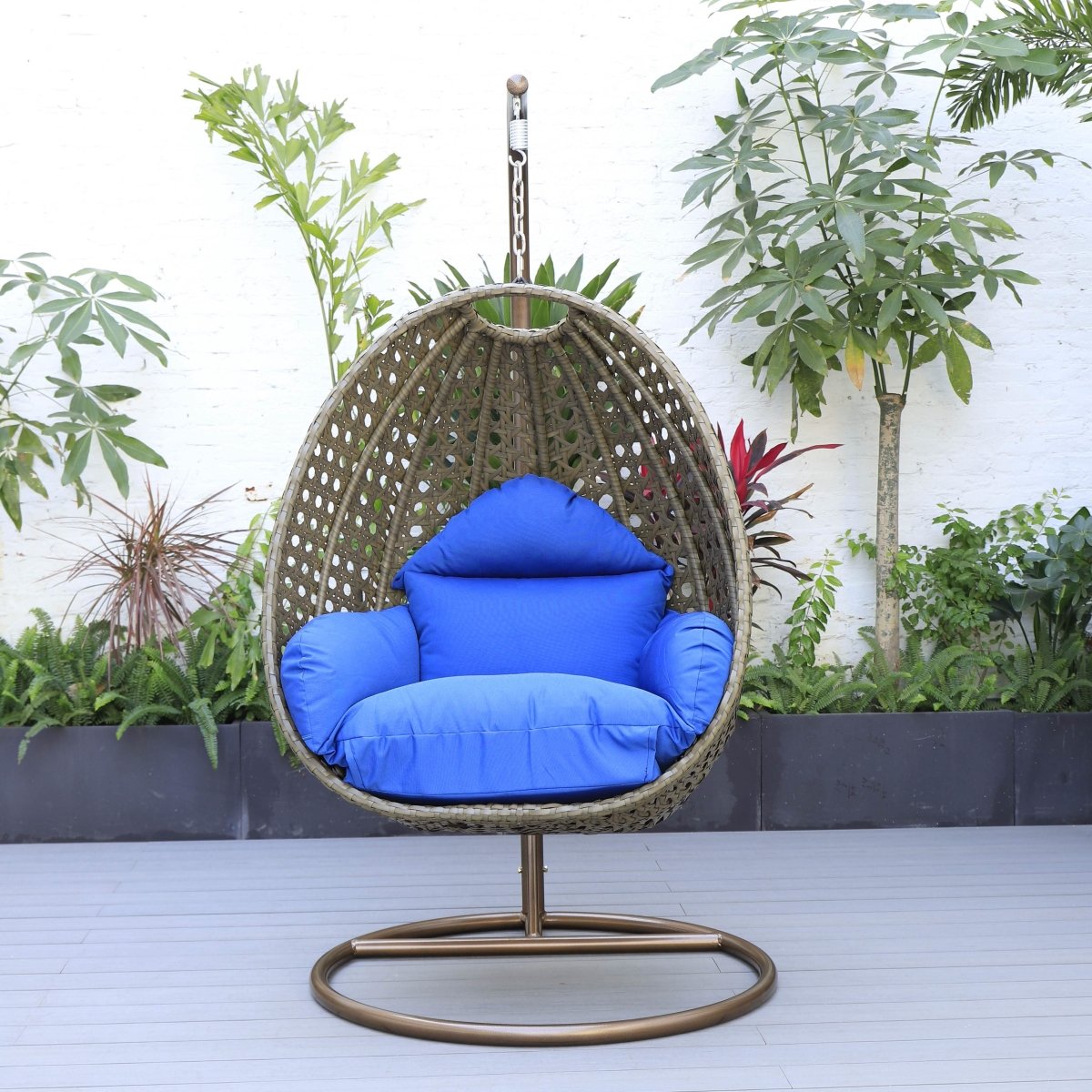 Modern Wicker Hanging Single Seating Egg Swing Chair in Beige/Charcoal/White Frame With Cushions Beige Blue swing chair Leisuremod