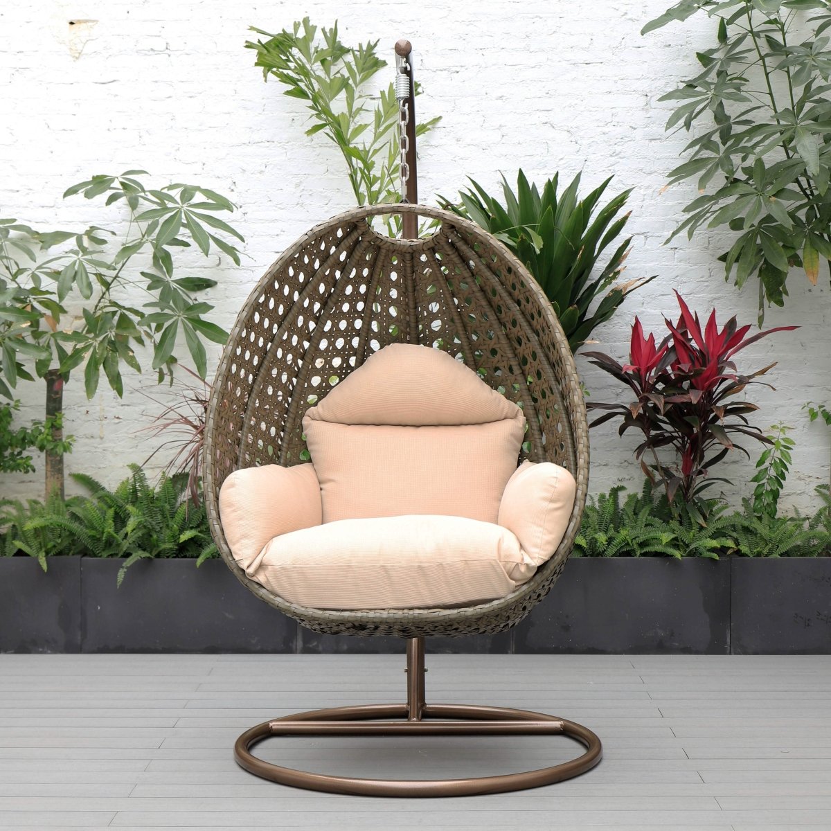 Modern Wicker Hanging Single Seating Egg Swing Chair in Beige/Charcoal/White Frame With Cushions Beige Beige swing chair Leisuremod