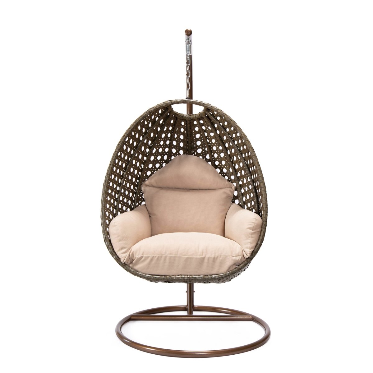 Modern Wicker Hanging Single Seating Egg Swing Chair in Beige/Charcoal/White Frame With Cushions Beige Beige swing chair Leisuremod