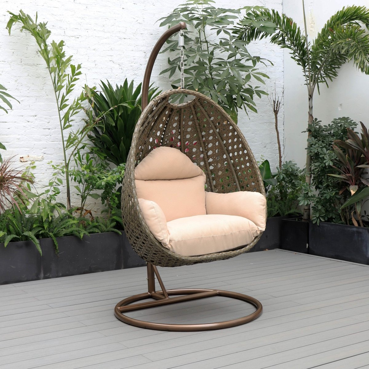Modern Wicker Hanging Single Seating Egg Swing Chair in Beige/Charcoal/White Frame With Cushions Beige Beige swing chair Leisuremod