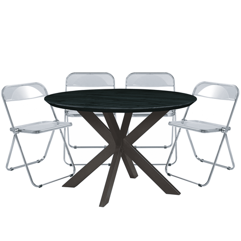 Lawrence 5-Piece Dining Set with Folding Acrylic Dining Chairs and Round Dining Table with Geometric Base for Kitchen and Dining Room