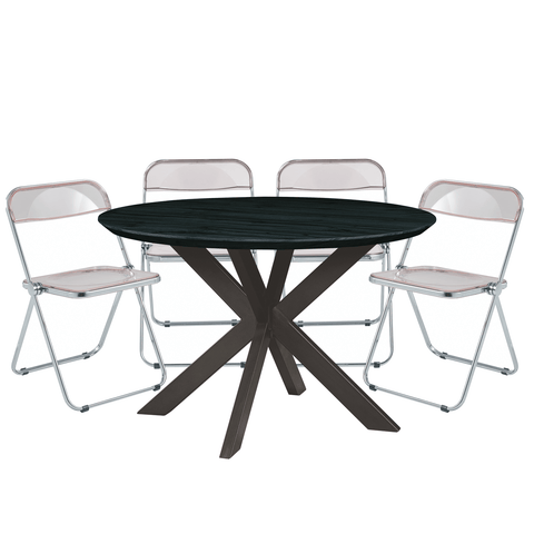 Lawrence 5-Piece Dining Set with Folding Acrylic Dining Chairs and Round Dining Table with Geometric Base for Kitchen and Dining Room