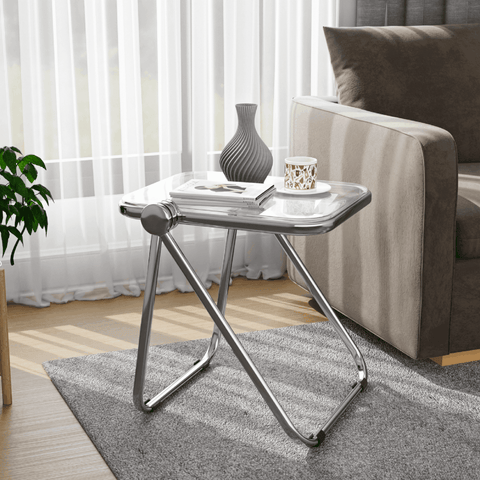 Lawrence Square Folding Side Table with Plastic Tabletop in Chrome Aluminum/Iron Frame