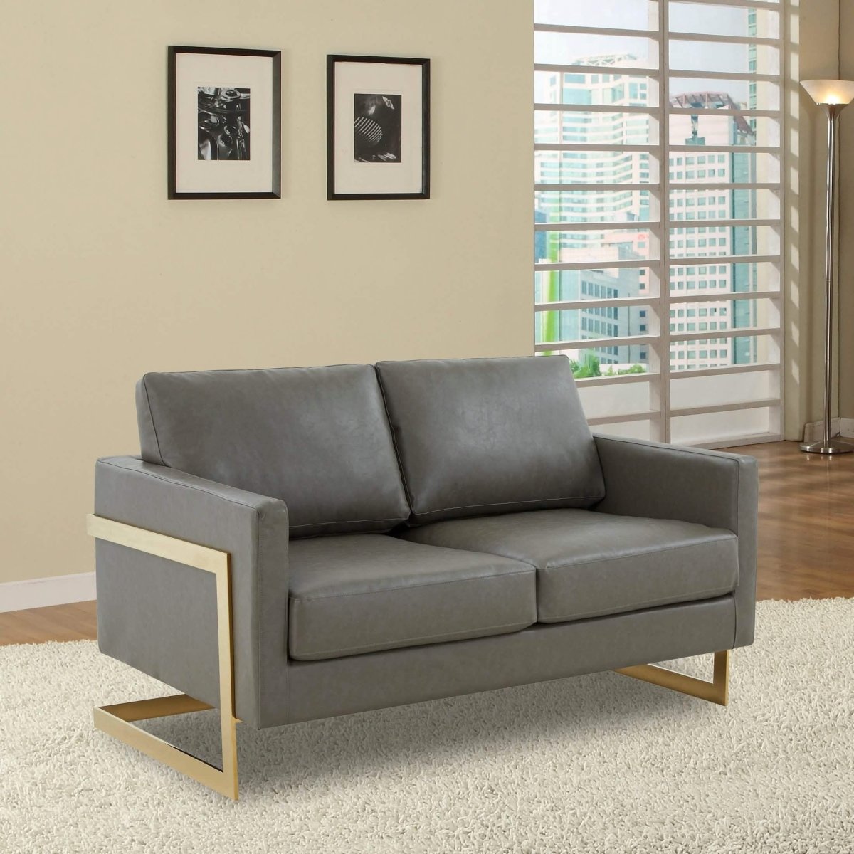 Lincoln Velvet/Leather Upholstered Loveseat with Gold/Black/Silver Steel Frame & Removable Cushions