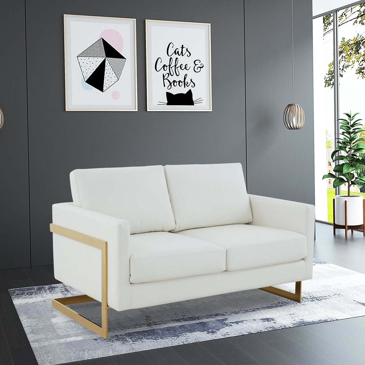 Lincoln Velvet/Leather Upholstered Loveseat with Gold/Black/Silver Steel Frame & Removable Cushions