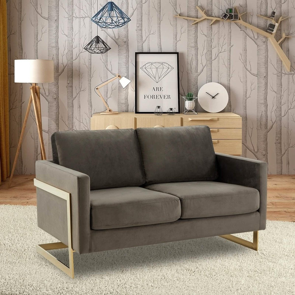 Lincoln Velvet/Leather Upholstered Loveseat with Gold/Black/Silver Steel Frame & Removable Cushions