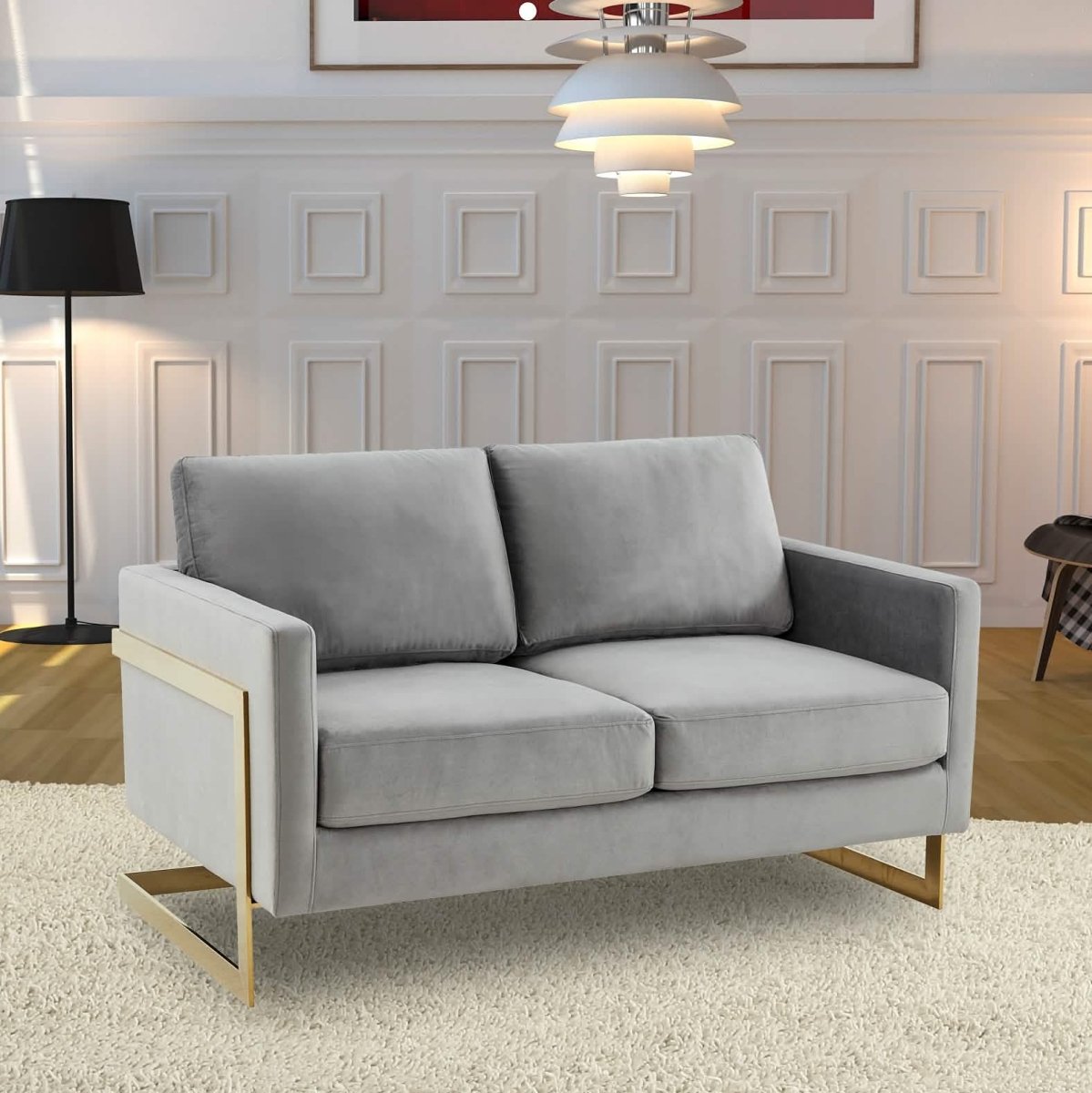 Lincoln Velvet/Leather Upholstered Loveseat with Gold/Black/Silver Steel Frame & Removable Cushions