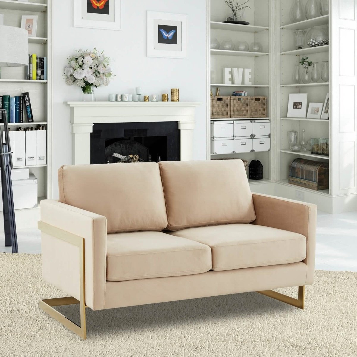 Lincoln Velvet/Leather Upholstered Loveseat with Gold/Black/Silver Steel Frame & Removable Cushions
