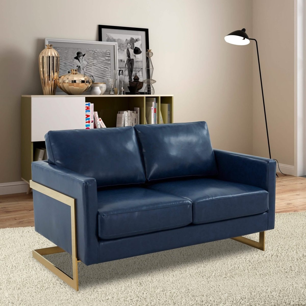 Lincoln Velvet/Leather Upholstered Loveseat with Gold/Black/Silver Steel Frame & Removable Cushions