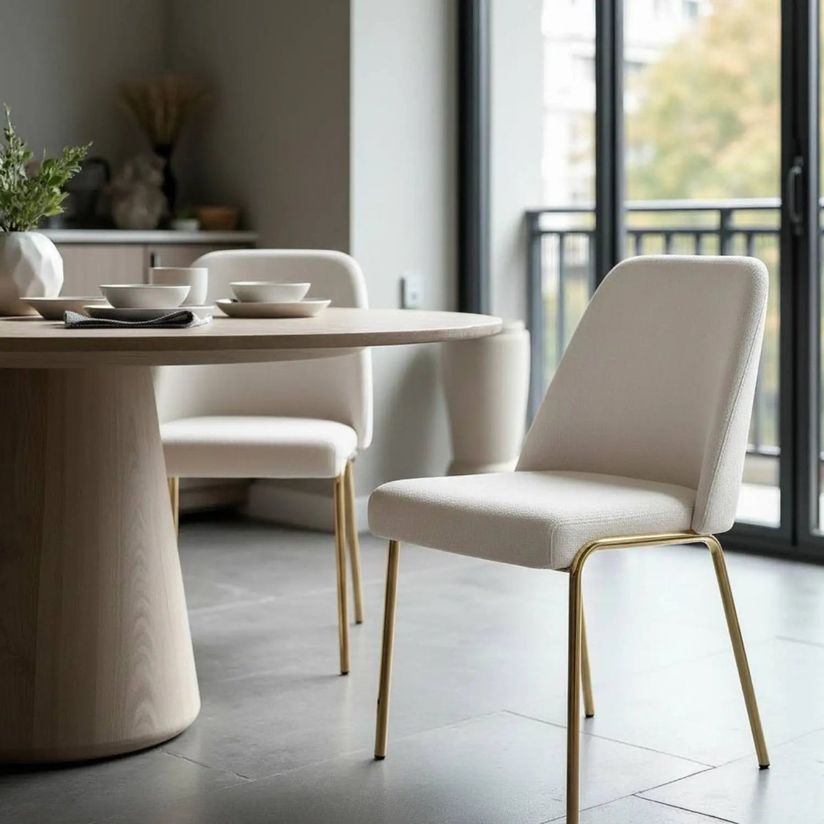 Lumen Modern Upholstered Dining Chair with Gold Steel Legs, Ergonomic Accent Chair White Boucle Dining Chair LeisureMod