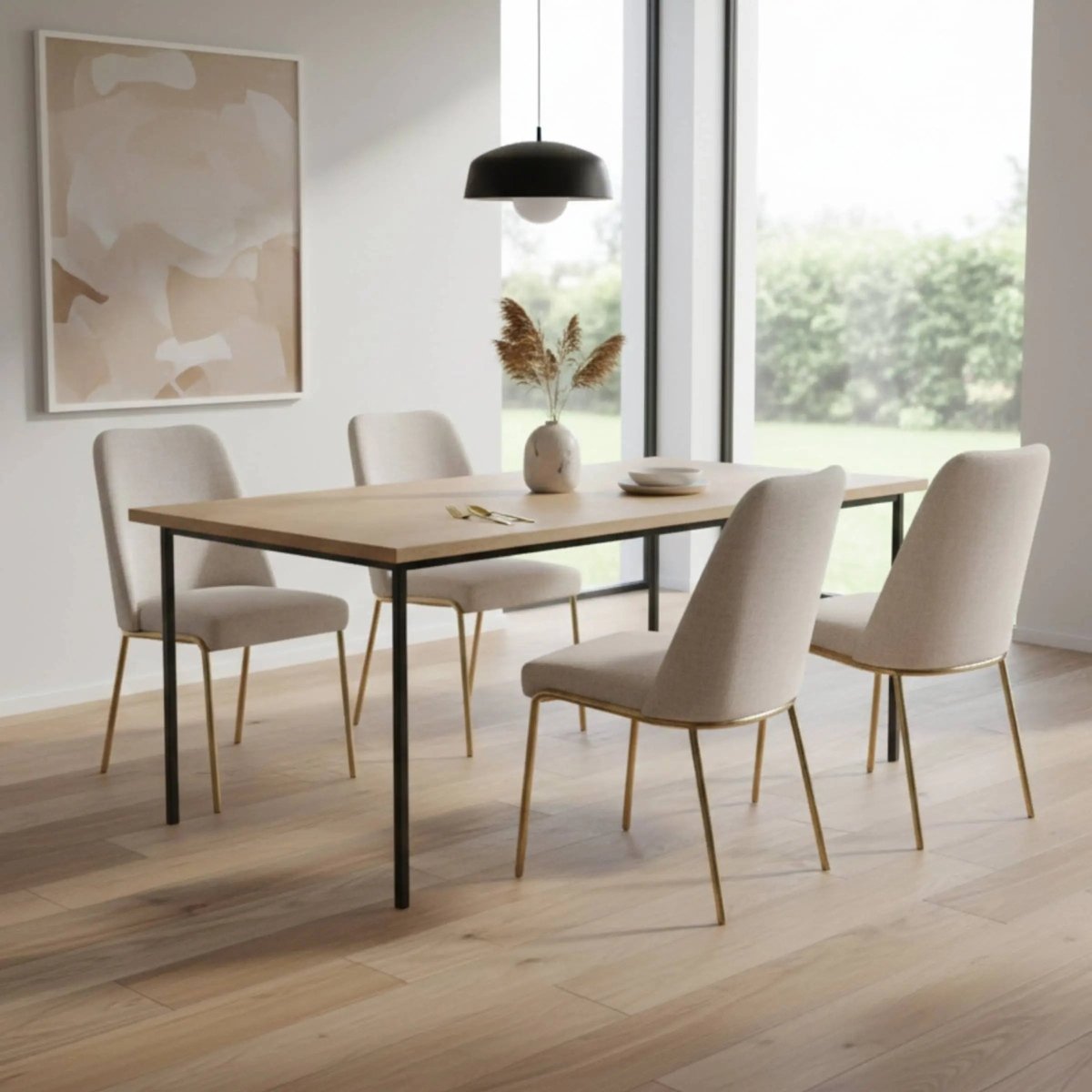 Lumen Modern Upholstered Dining Chair with Gold Steel Legs, Ergonomic Accent Chair White Linen Dining Chair LeisureMod