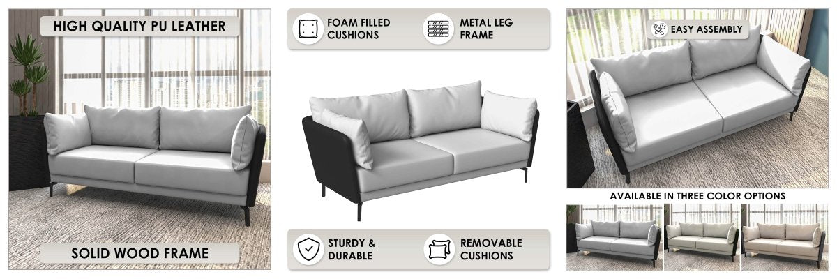 Luxify 3 - Seater Leather Sofa with Stainless Steel Legs and Removable Cushions