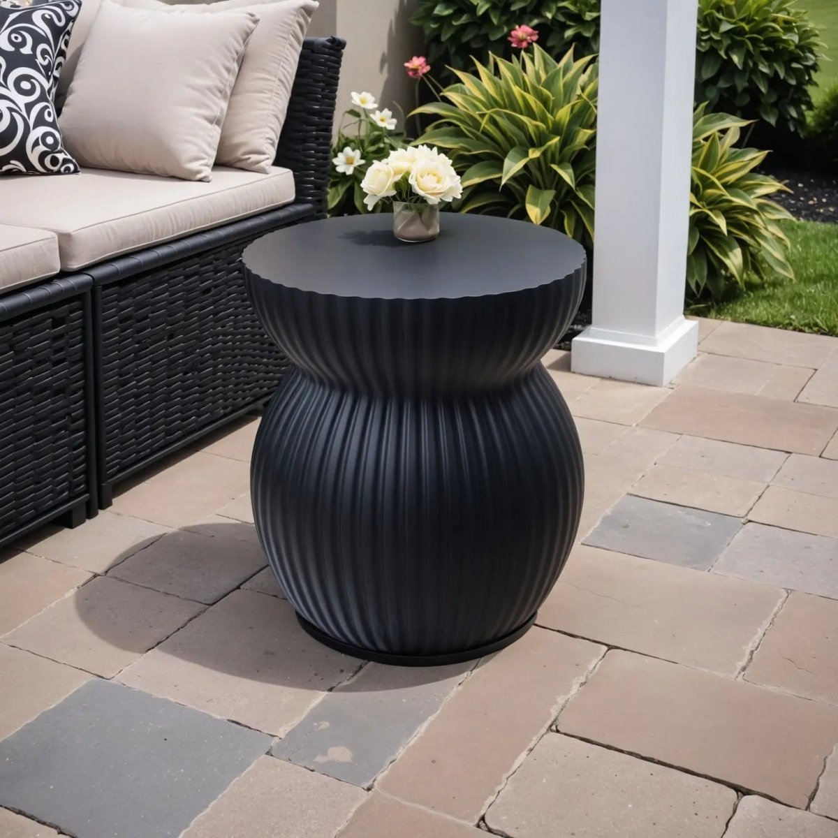Mander Fiberstone Side Table with Ribbed Hourglass Design for Indoor and Outdoor