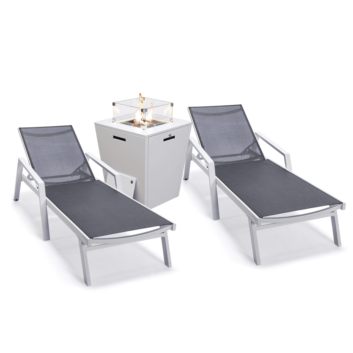 Marlin Modern White Aluminum Outdoor Chaise Lounge Chair Set of 2 With Arms And Square Fire Pit Side Table for Patio