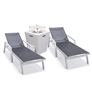 Marlin Modern White Aluminum Outdoor Chaise Lounge Chair Set of 2 With Arms And Square Fire Pit Side Table for Patio