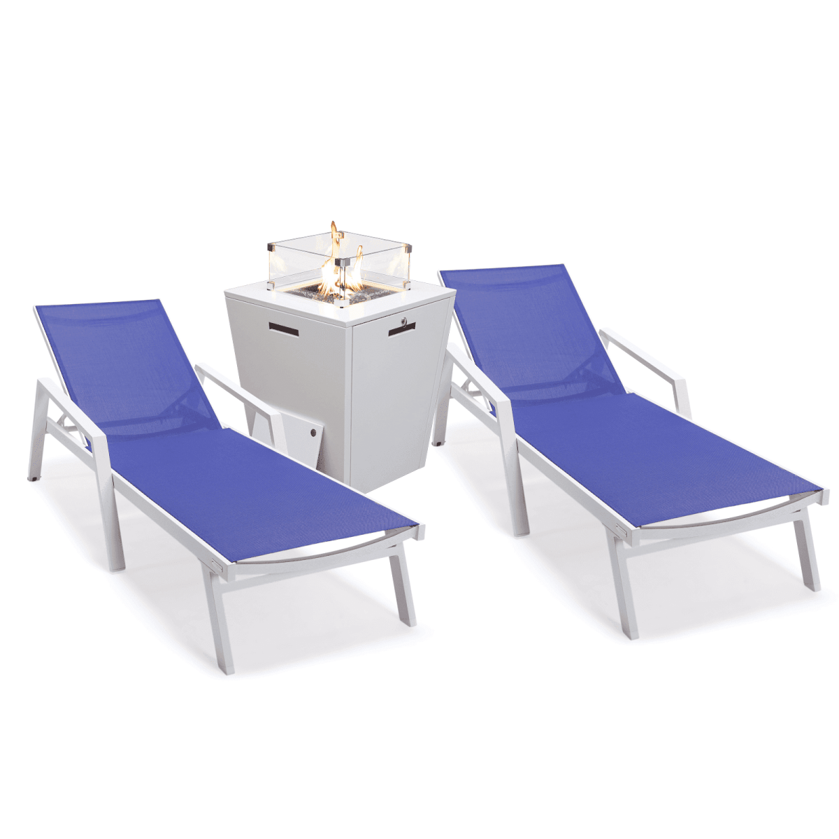 Marlin Modern White Aluminum Outdoor Chaise Lounge Chair Set of 2 With Arms And Square Fire Pit Side Table for Patio