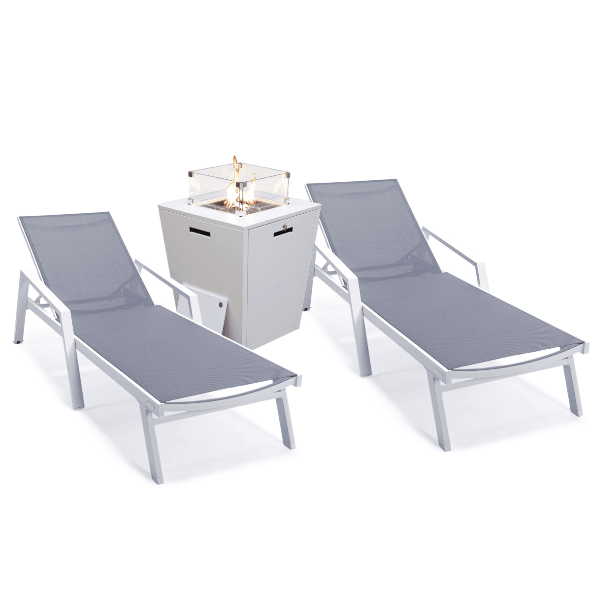 Marlin Modern White Aluminum Outdoor Chaise Lounge Chair Set of 2 With Arms And Square Fire Pit Side Table for Patio