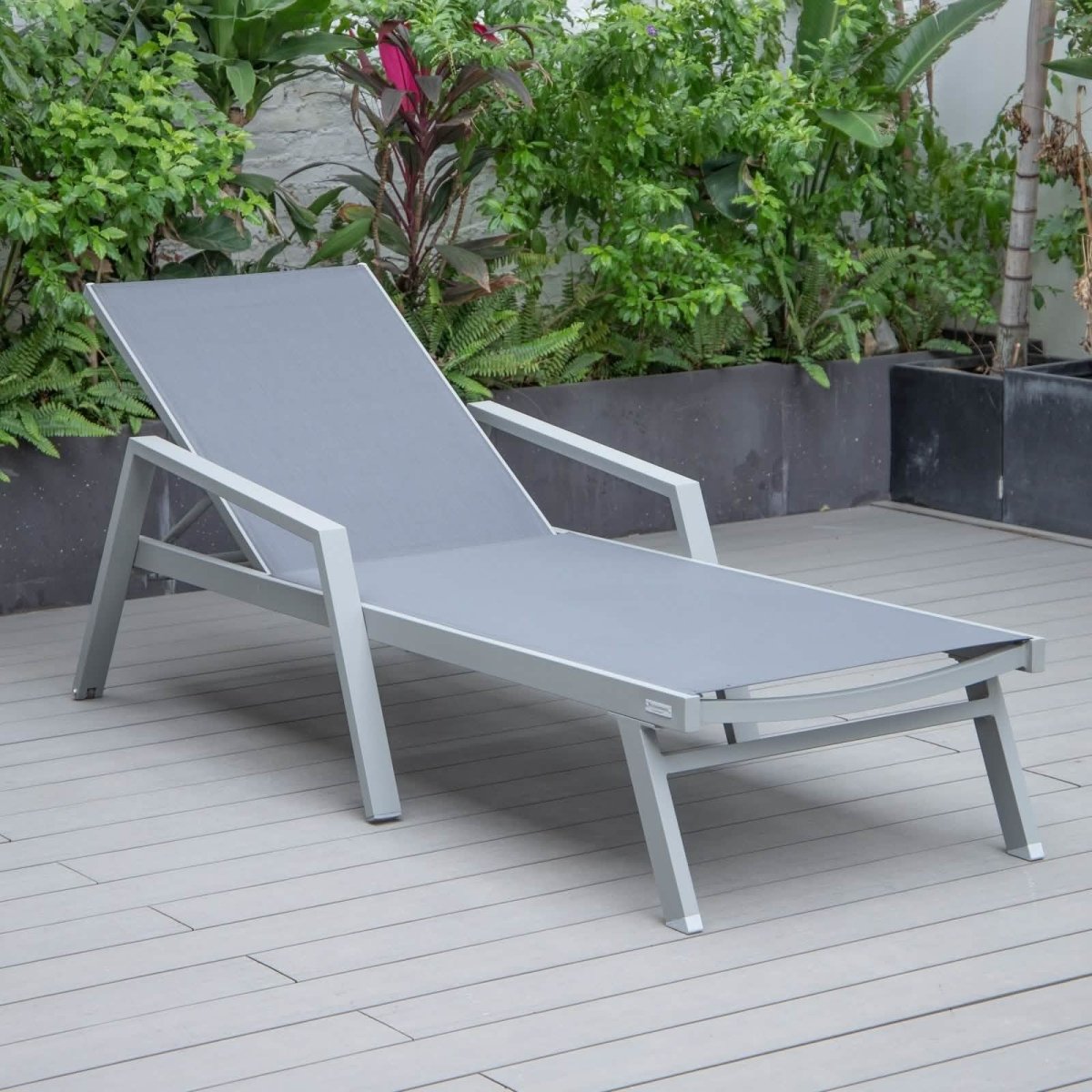 Marlin Modern White Aluminum Outdoor Chaise Lounge Chair Set of 2 With Arms And Square Fire Pit Side Table for Patio