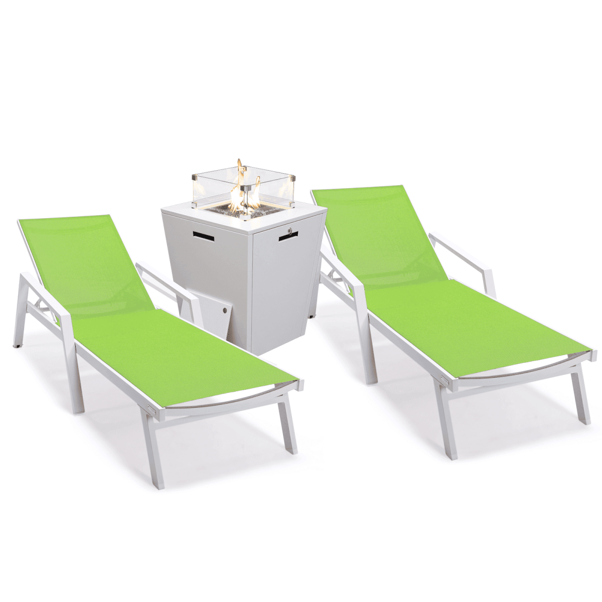 Marlin Modern White Aluminum Outdoor Chaise Lounge Chair Set of 2 With Arms And Square Fire Pit Side Table for Patio