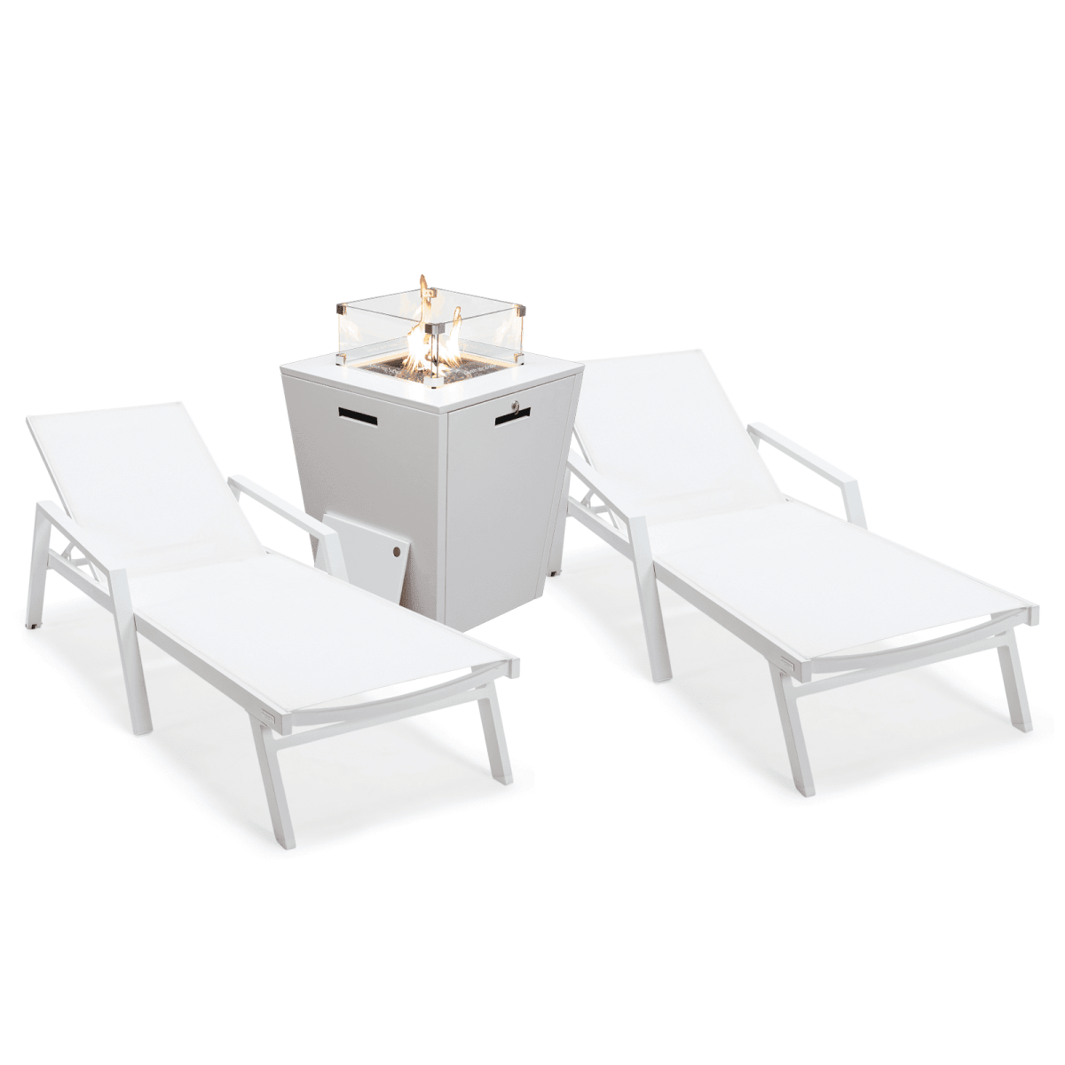Marlin Modern White Aluminum Outdoor Chaise Lounge Chair Set of 2 With Arms And Square Fire Pit Side Table for Patio