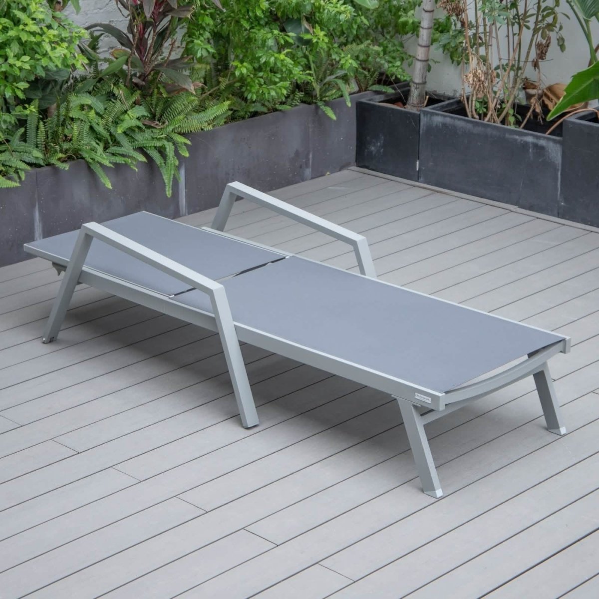 Marlin Modern White Aluminum Outdoor Chaise Lounge Chair Set of 2 With Arms And Square Fire Pit Side Table for Patio
