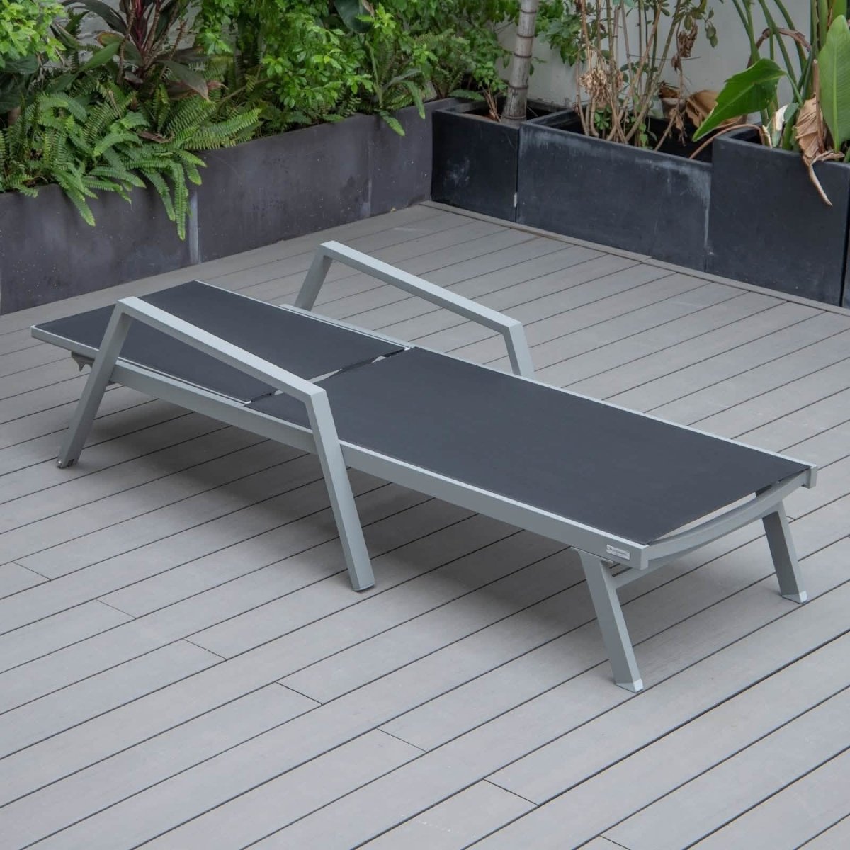 Marlin Modern White Aluminum Outdoor Chaise Lounge Chair Set of 2 With Arms And Square Fire Pit Side Table for Patio