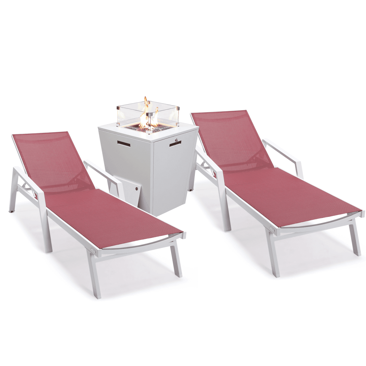 Marlin Modern White Aluminum Outdoor Chaise Lounge Chair Set of 2 With Arms And Square Fire Pit Side Table for Patio