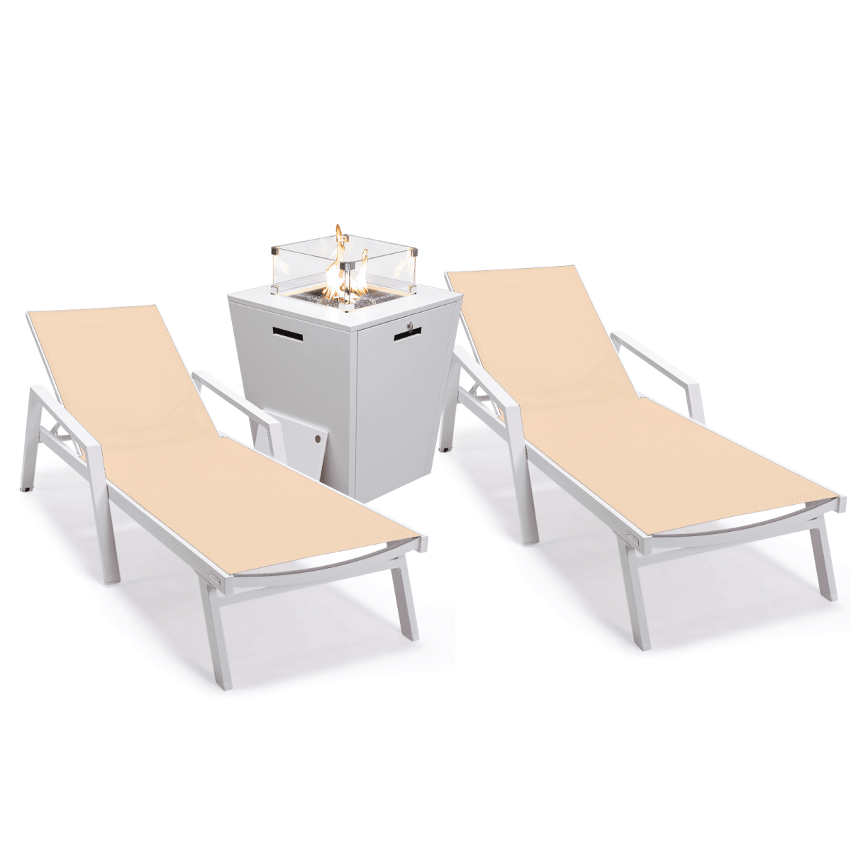 Marlin Modern White Aluminum Outdoor Chaise Lounge Chair Set of 2 With Arms And Square Fire Pit Side Table for Patio