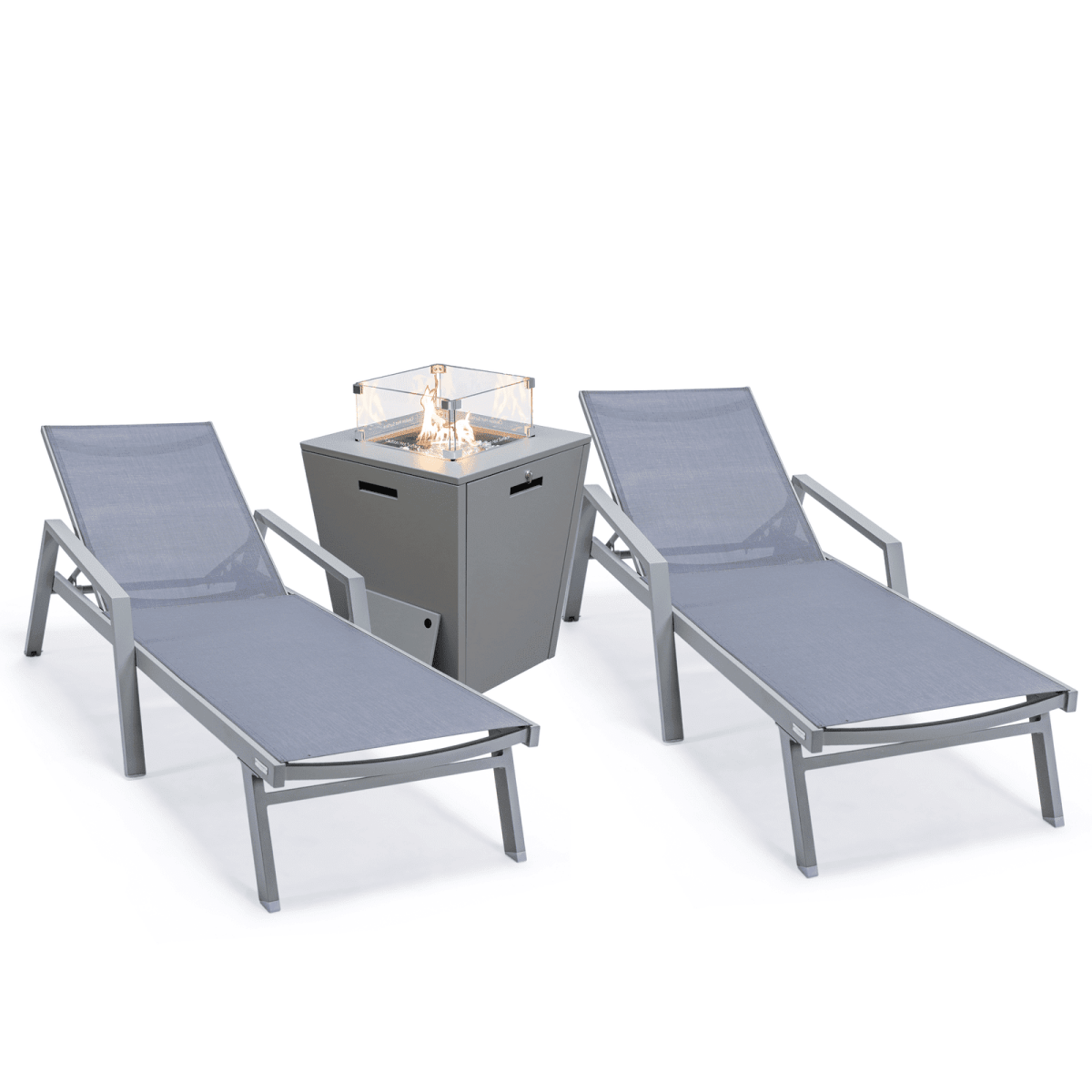 Marlin Modern White Aluminum Outdoor Chaise Lounge Chair Set of 2 With Arms And Square Fire Pit Side Table for Patio