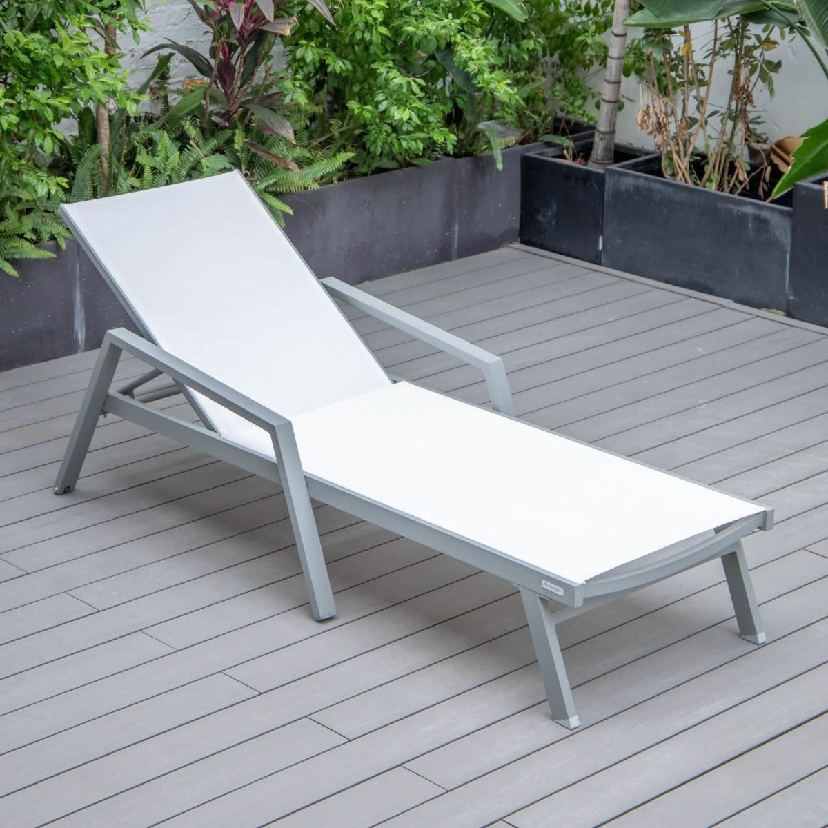 Marlin Modern White Aluminum Outdoor Chaise Lounge Chair Set of 2 With Arms And Square Fire Pit Side Table for Patio