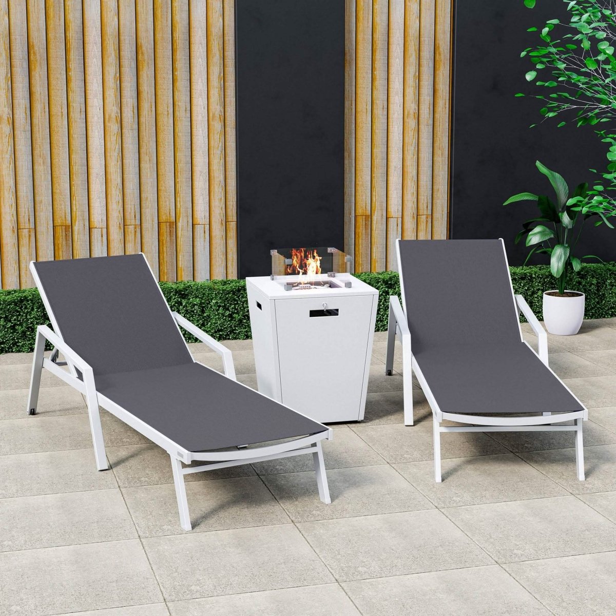 Marlin Modern White Aluminum Outdoor Chaise Lounge Chair Set of 2 With Arms And Square Fire Pit Side Table for Patio