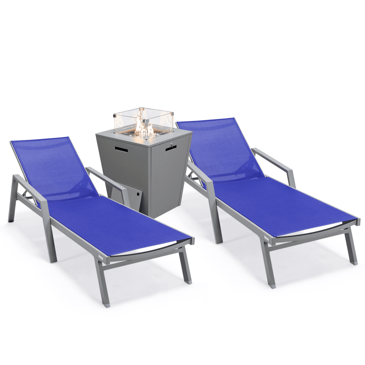 Marlin Modern White Aluminum Outdoor Chaise Lounge Chair Set of 2 With Arms And Square Fire Pit Side Table for Patio
