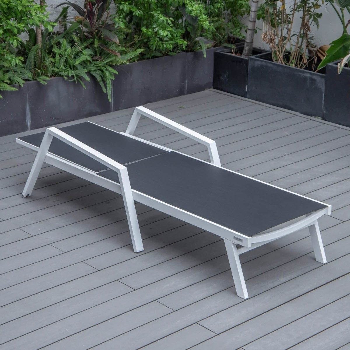 Marlin Modern White Aluminum Outdoor Chaise Lounge Chair Set of 2 With Arms And Square Fire Pit Side Table for Patio
