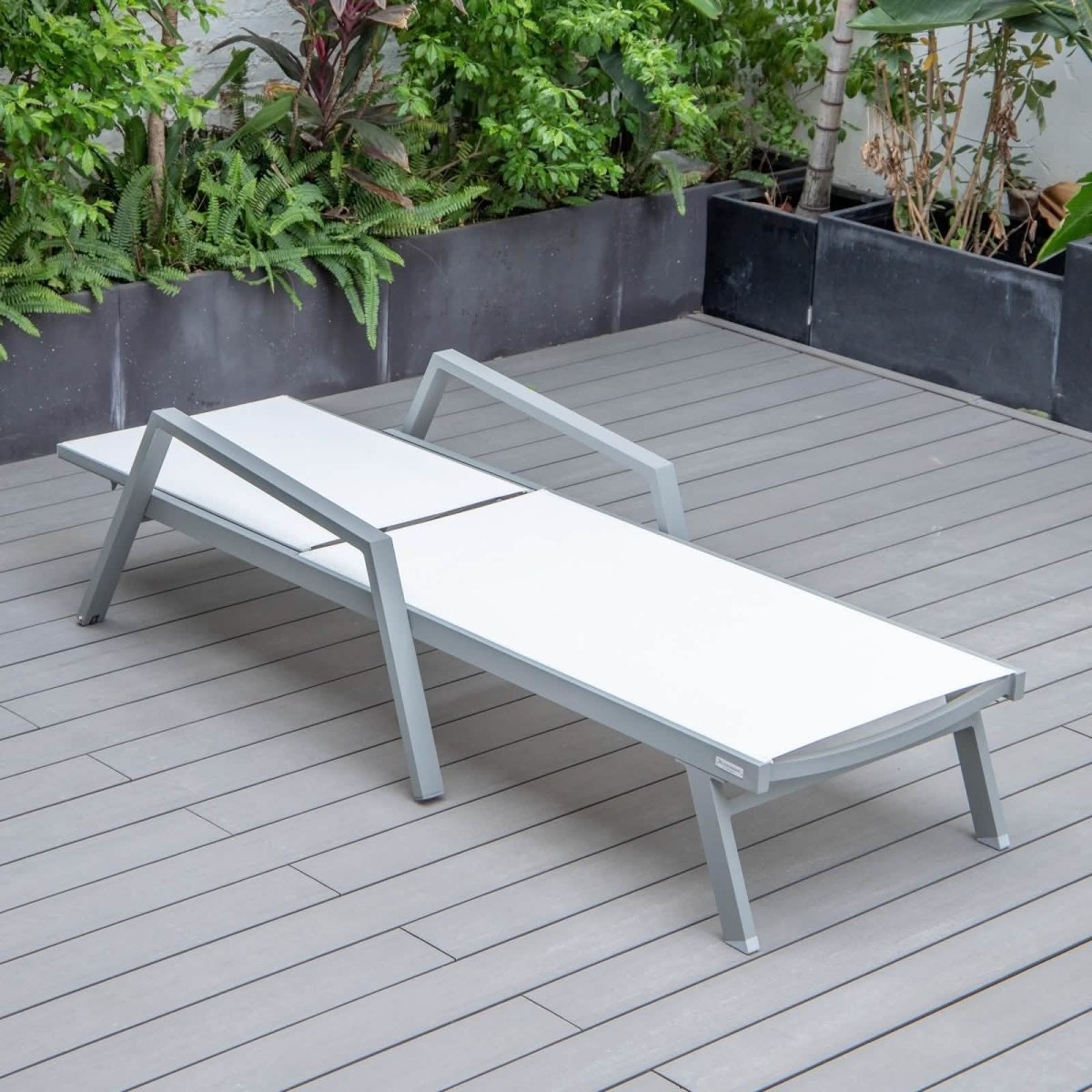Marlin Modern White Aluminum Outdoor Chaise Lounge Chair Set of 2 With Arms And Square Fire Pit Side Table for Patio