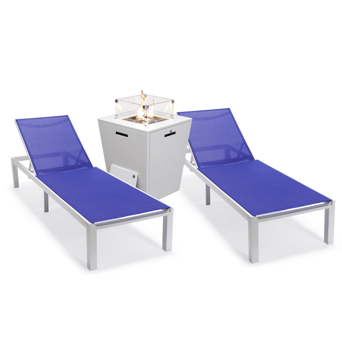 Marlin Modern White Aluminum Outdoor Chaise Lounge Chair With Square Fire Pit Side Table Set of 2 Burgundy Leisuremod