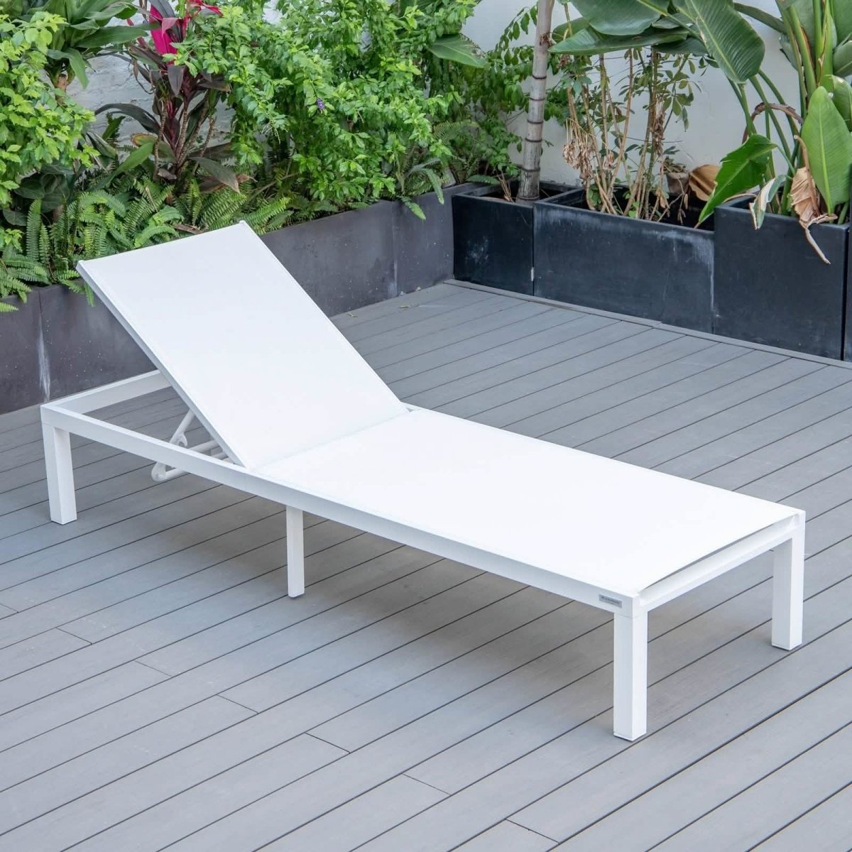 Marlin Modern White Aluminum Outdoor Chaise Lounge Chair With Square Fire Pit Side Table Set of 2 Burgundy Leisuremod