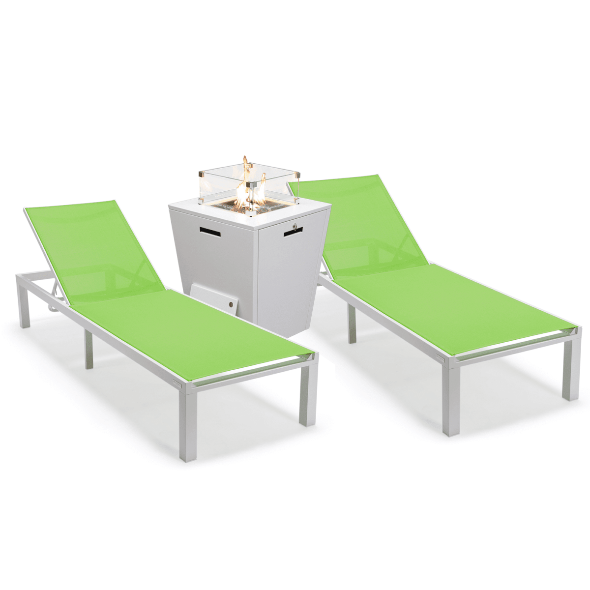 Marlin Modern White Aluminum Outdoor Chaise Lounge Chair With Square Fire Pit Side Table Set of 2 Burgundy Leisuremod