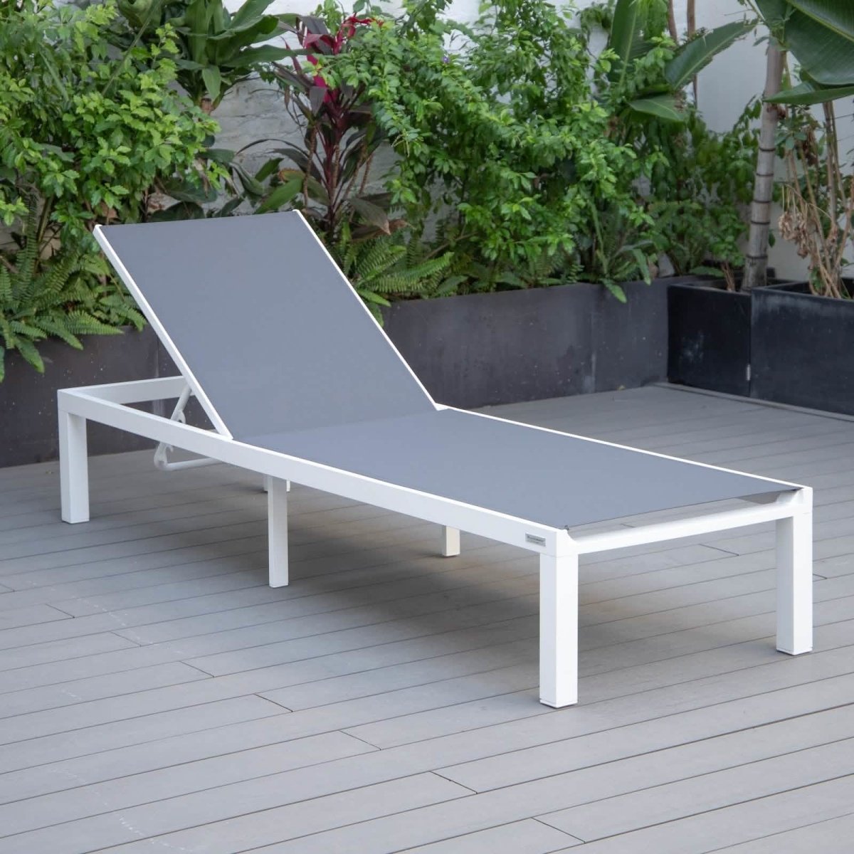 Marlin Modern White Aluminum Outdoor Chaise Lounge Chair With Square Fire Pit Side Table Set of 2 Burgundy Leisuremod
