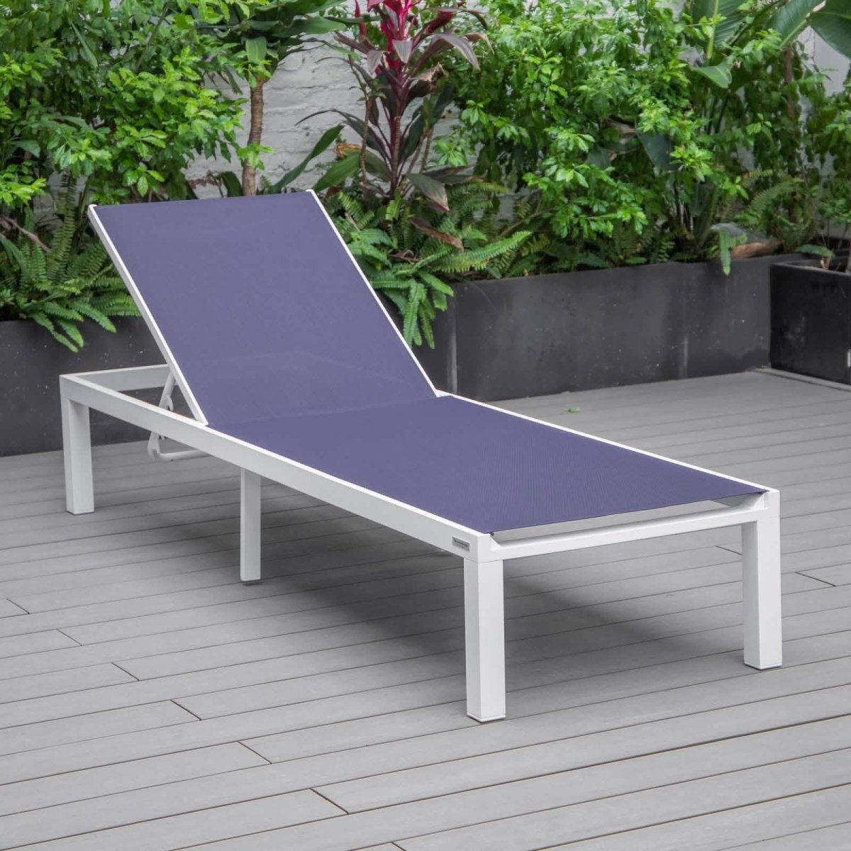 Marlin Modern White Aluminum Outdoor Chaise Lounge Chair With Square Fire Pit Side Table Set of 2 Burgundy Leisuremod