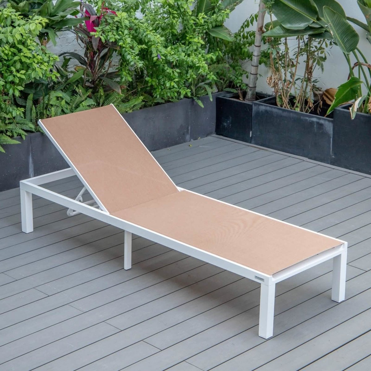 Marlin Modern White Aluminum Outdoor Chaise Lounge Chair With Square Fire Pit Side Table Set of 2 Burgundy Leisuremod