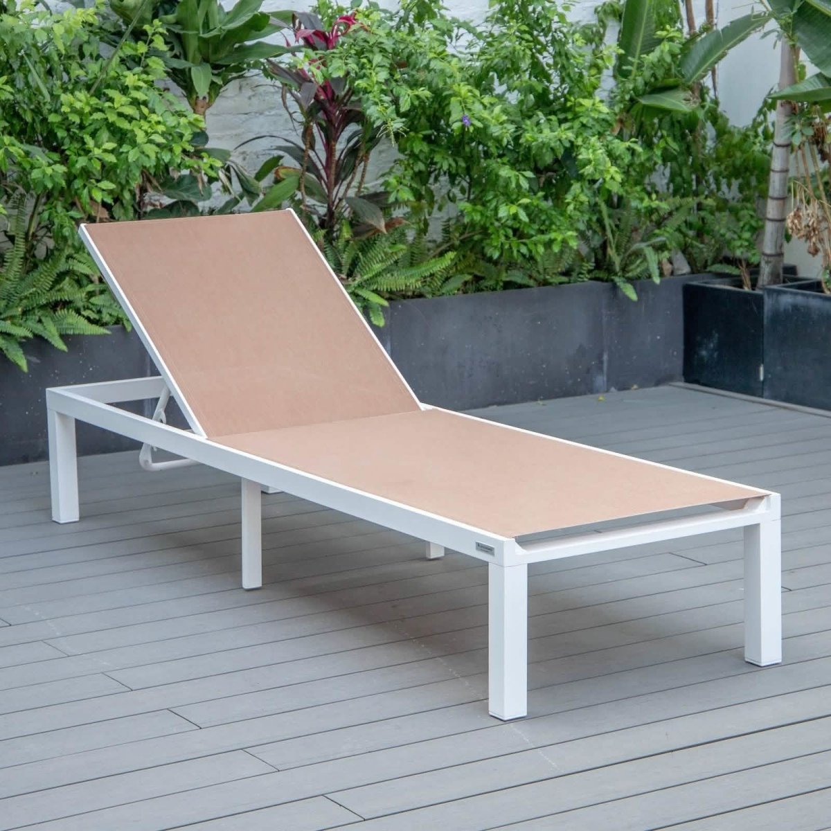 Marlin Modern White Aluminum Outdoor Chaise Lounge Chair With Square Fire Pit Side Table Set of 2 Burgundy Leisuremod
