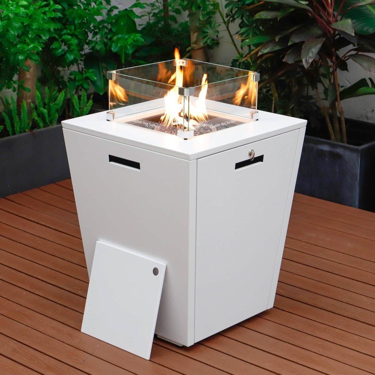 Marlin Modern White Aluminum Outdoor Chaise Lounge Chair With Square Fire Pit Side Table Set of 2 Burgundy Leisuremod