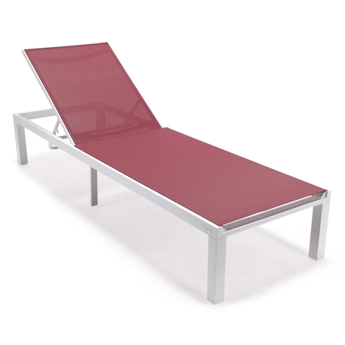 Marlin Modern White Aluminum Outdoor Chaise Lounge Chair With Square Fire Pit Side Table Set of 2 Burgundy Leisuremod
