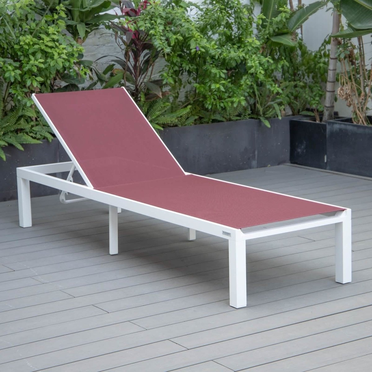 Marlin Modern White Aluminum Outdoor Chaise Lounge Chair With Square Fire Pit Side Table Set of 2 Burgundy Leisuremod