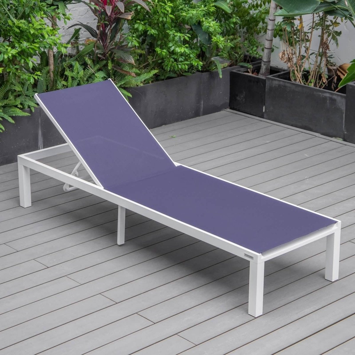 Marlin Modern White Aluminum Outdoor Chaise Lounge Chair With Square Fire Pit Side Table Set of 2 Burgundy Leisuremod