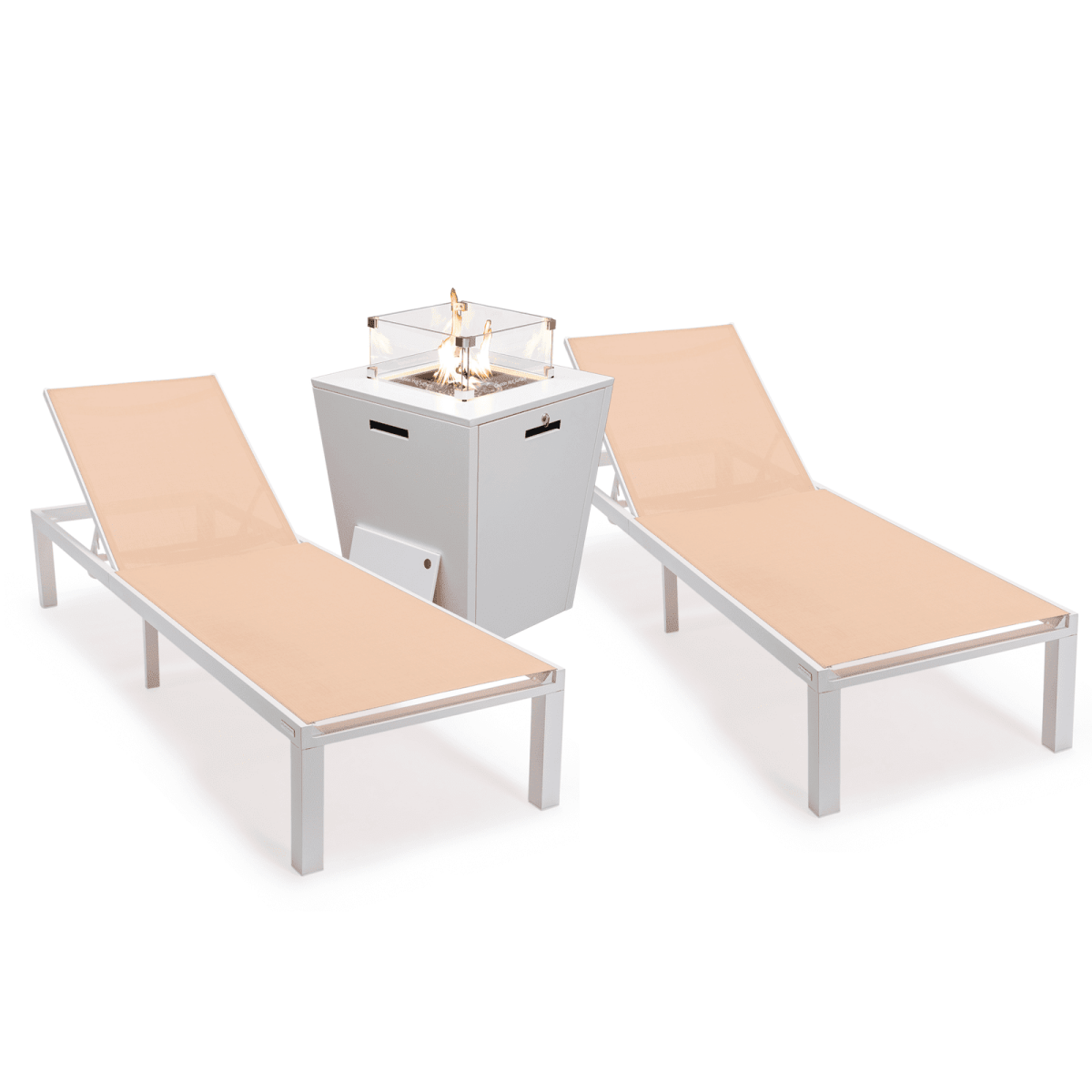 Marlin Modern White Aluminum Outdoor Chaise Lounge Chair With Square Fire Pit Side Table Set of 2 Light Brown Leisuremod